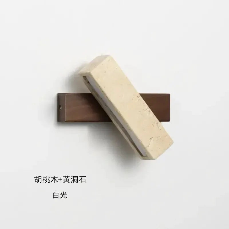Natural Stone Wall Lamp Sconce with beige stone block on walnut wood base