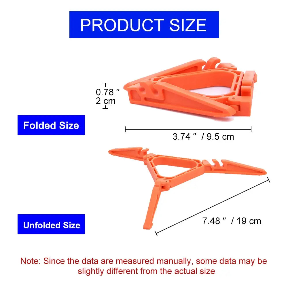 Simples Market Widesea foldable gas canister bracket; orange tripod, unfolded 7.48 in, folded 3.74 in.