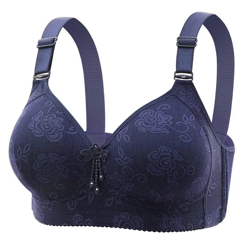 Bra purple floral wireless full-coverage with wide adjustable straps and center-front jewel, soft glossy fabric.