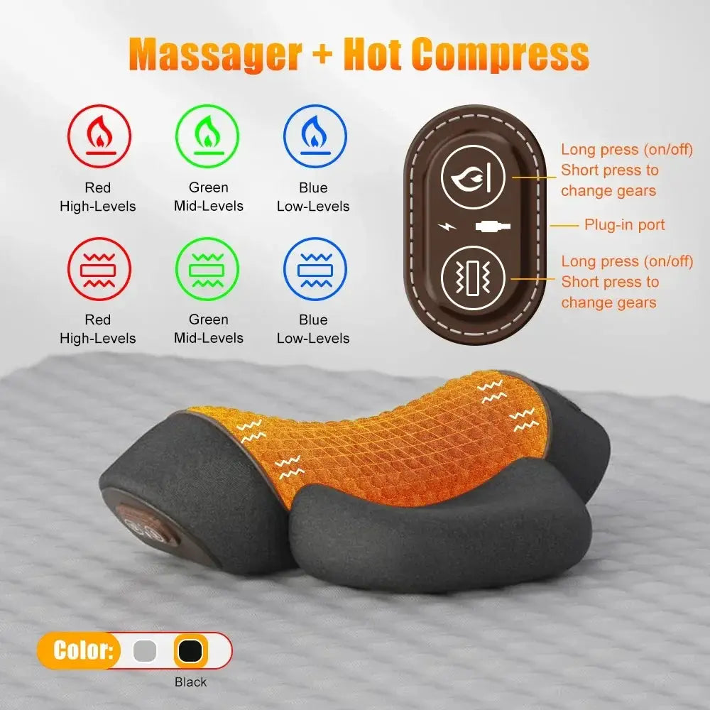 Electric neck massager pillow with black body and orange cushion, heated and vibrating