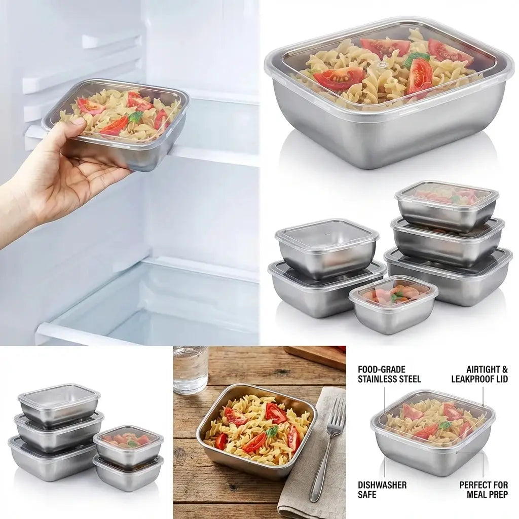 5 Piece Stainless Steel Food Storage Containers Set Stackable Meal Prep Boxes For Kitchen Fridge Travel Eco Friendly