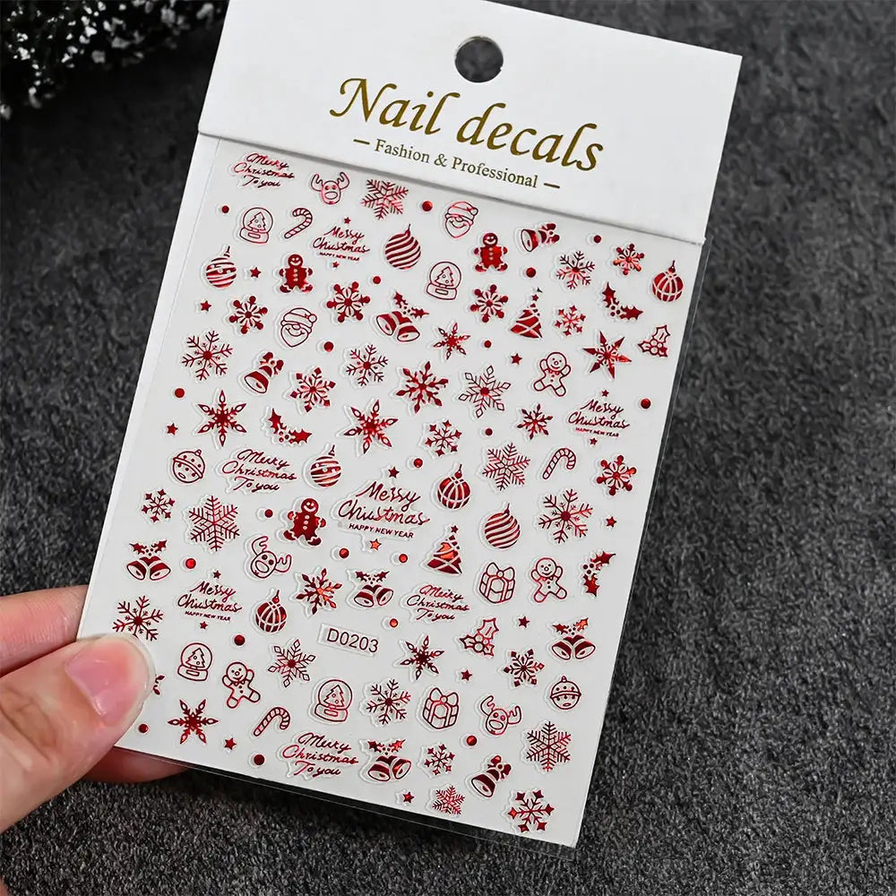 Winter Christmas nail sticker sheet by Simples Market with red self-adhesive snowmen, snowflakes and ornaments.