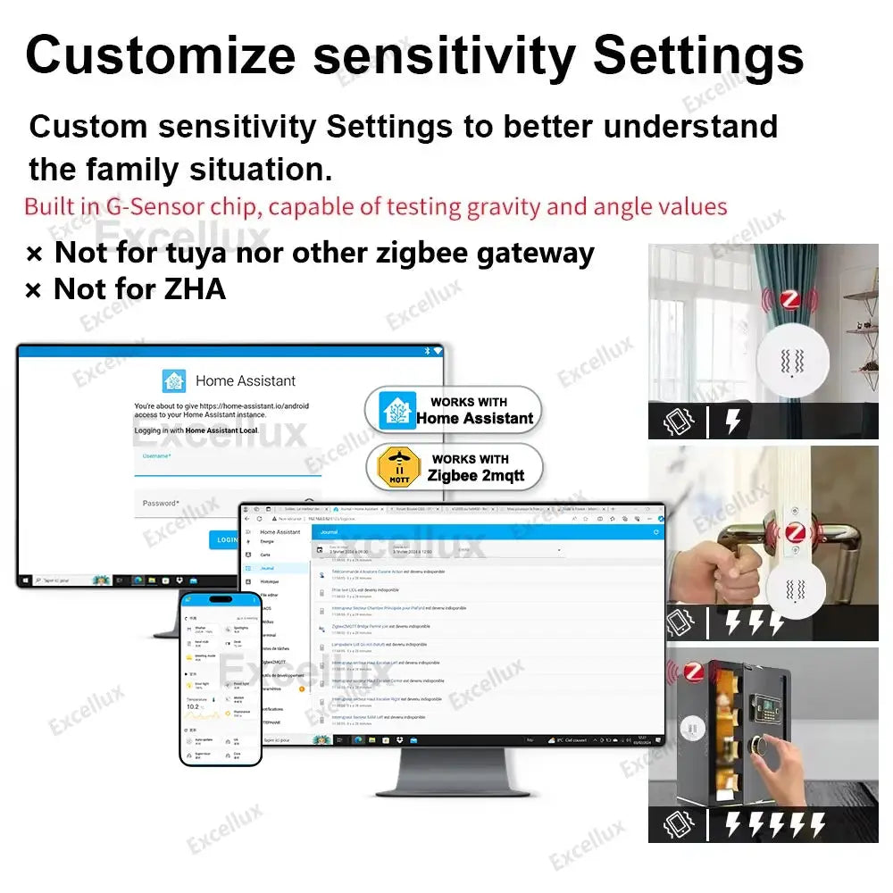 Simples Market white ZigBee vibration sensor tilt detector with app control; works with Home Assistant and Zigbee2MQTT