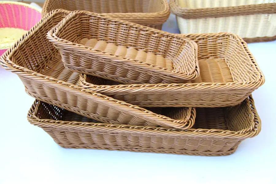 Hand-woven imitation rattan wicker rectangular storage baskets, light brown, for kitchen use