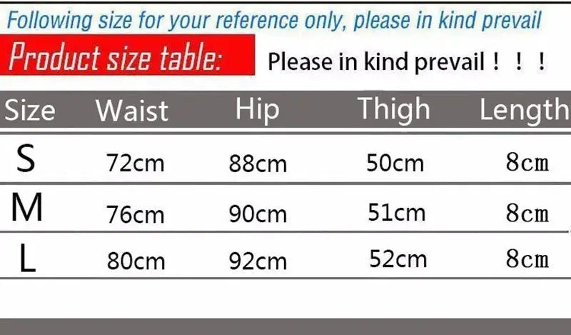Simples Market women's denim thong shorts size chart showing waist, hip and thigh measurements (S–L)