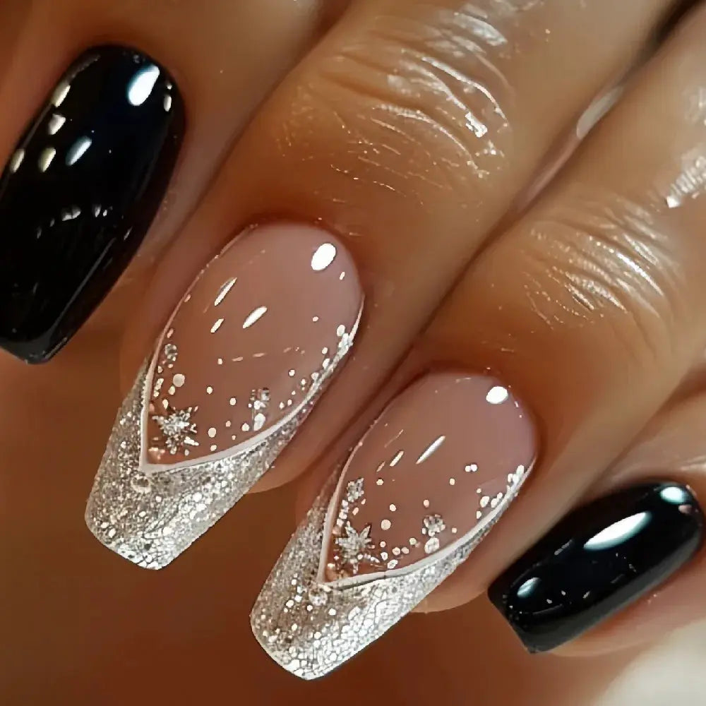 GlamNail Pro 24Pcs Short Square Coffin Press On Nails Set With Glue French Glitter Ballet Style