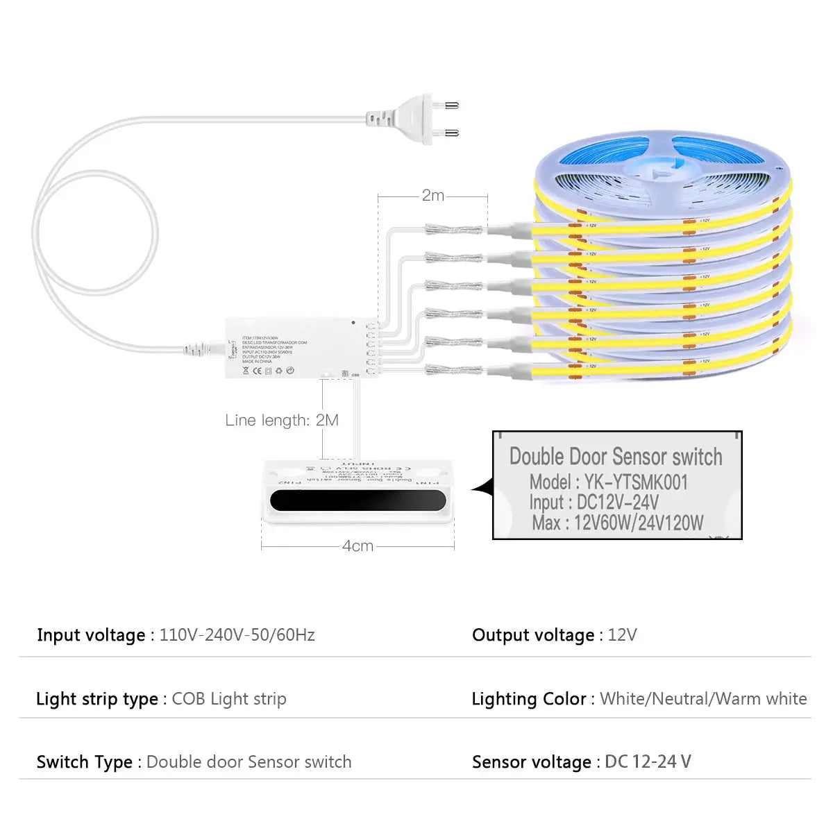 Smart Door Proximity Sensor LED strip kit, 12V COB under-cabinet lights by Simples Market with double-door sensor switch