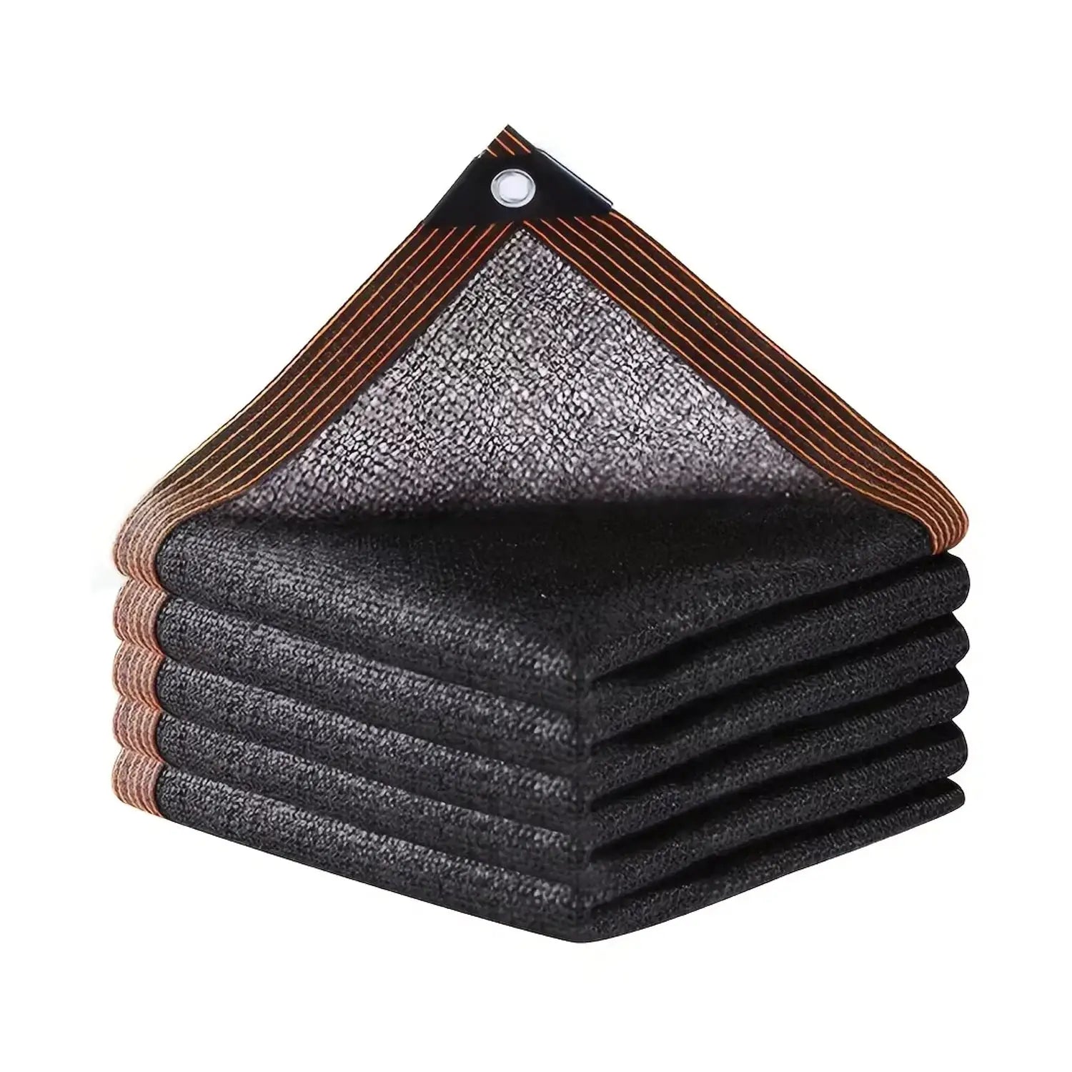 Simples Market heavy-duty shade cloth with grommets; brown edging over black UV-blocking fabric, folded stack