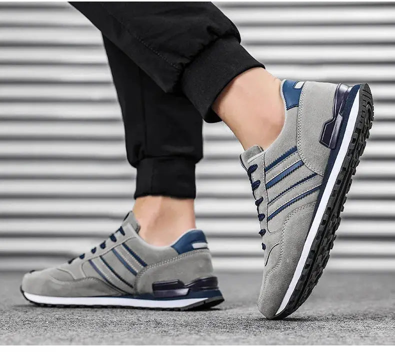 Men's casual sneakers pair by Simples Market, gray artificial leather with blue accents, lace-up