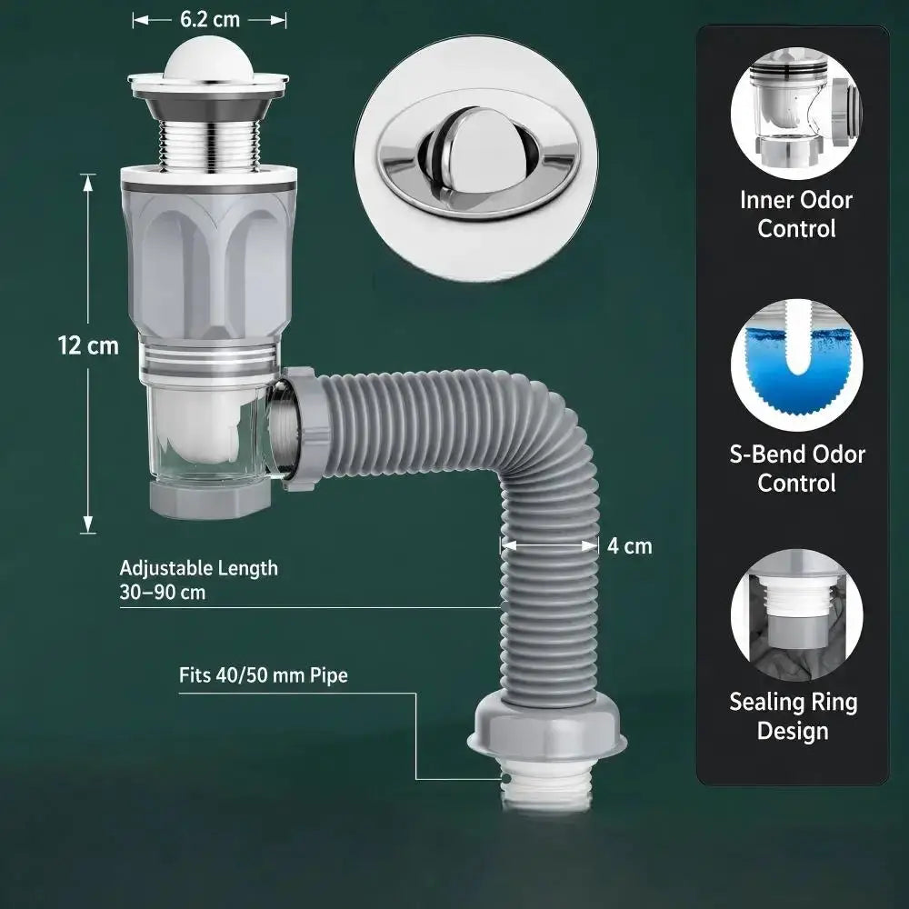 Bathroom sink drain kit with flexible hose, ABS body and stainless steel top; adjustable 30–90 cm, fits 40/50 mm pipe.