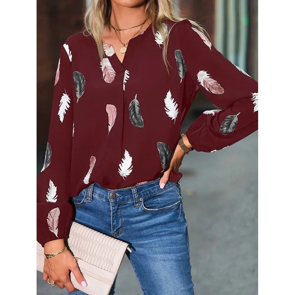 Blouse in maroon feather-print chiffon with long sleeves by Simples Market
