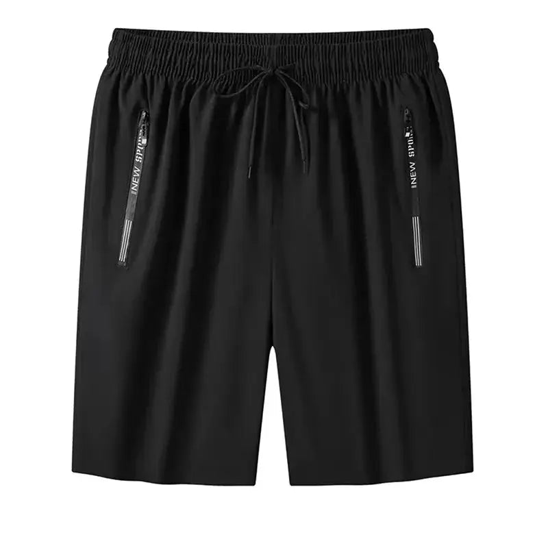 Men's black gym shorts with drawstring waist and zip pockets, quick-dry fabric