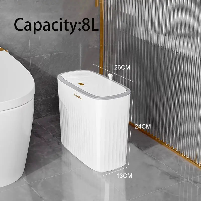 Simples Market narrow white trash can with lid, 8L capacity, vertical ribbed design for bathroom