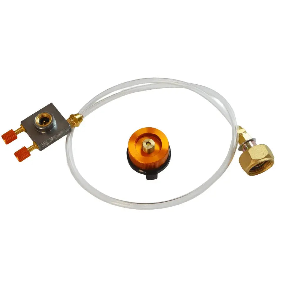 Camping gas refill adapter with clear hose and orange anodized fittings for outdoor stoves