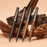 Five premium metal ballpoint pens with wood barrels and black ink