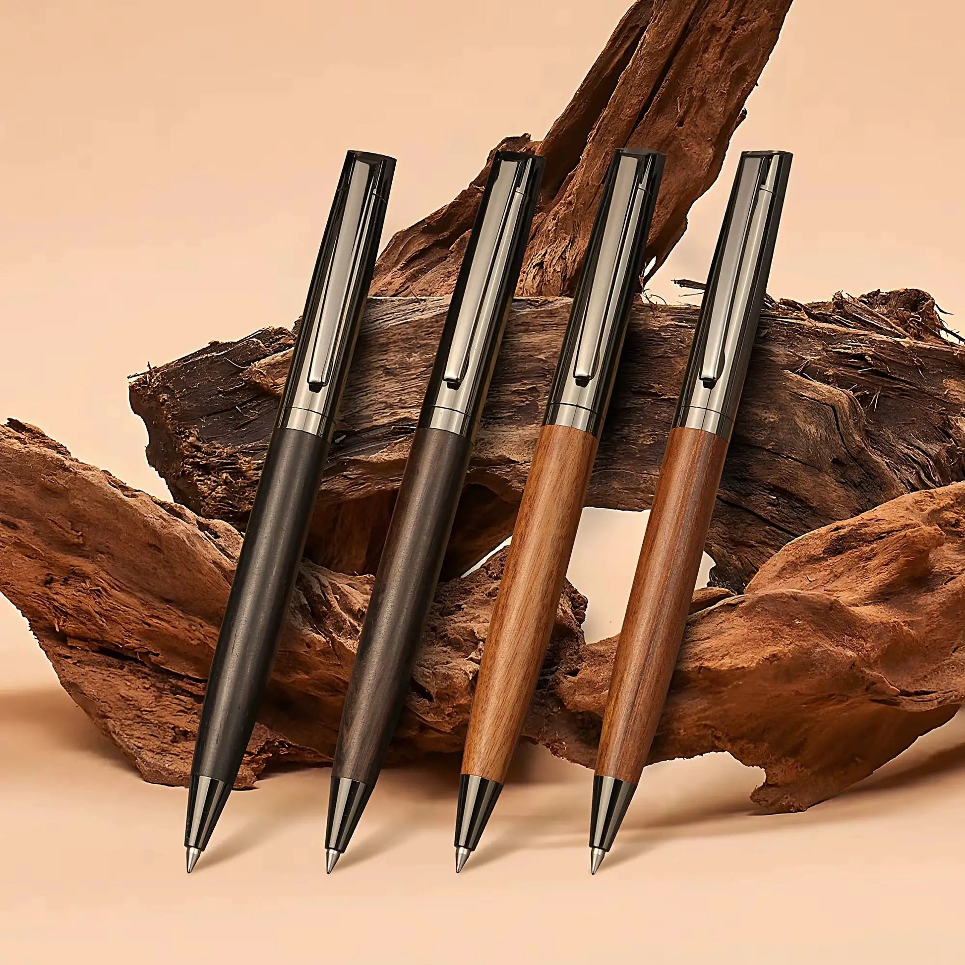 Five premium metal ballpoint pens with wood barrels and black ink