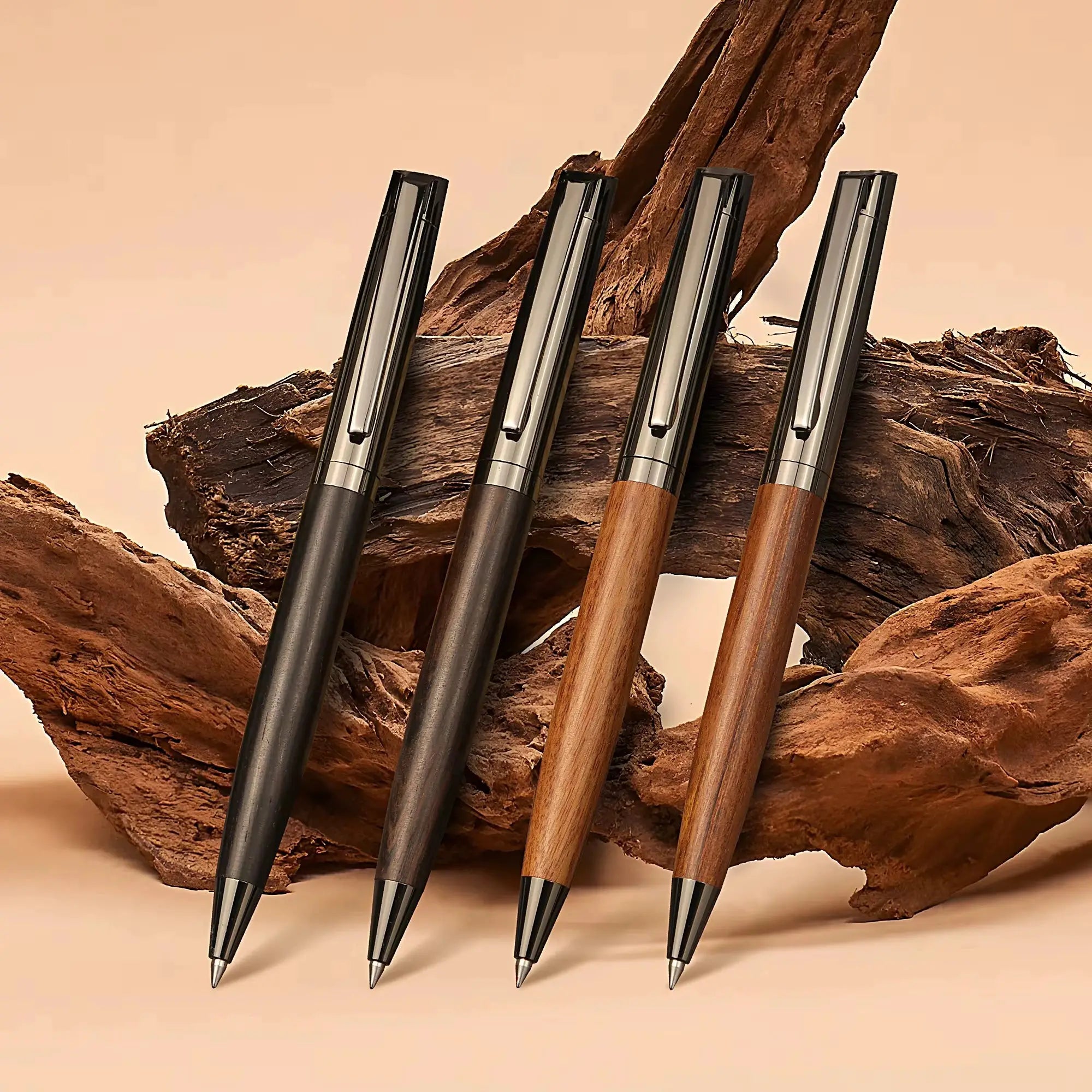 Five premium metal ballpoint pens with wood barrels and black ink