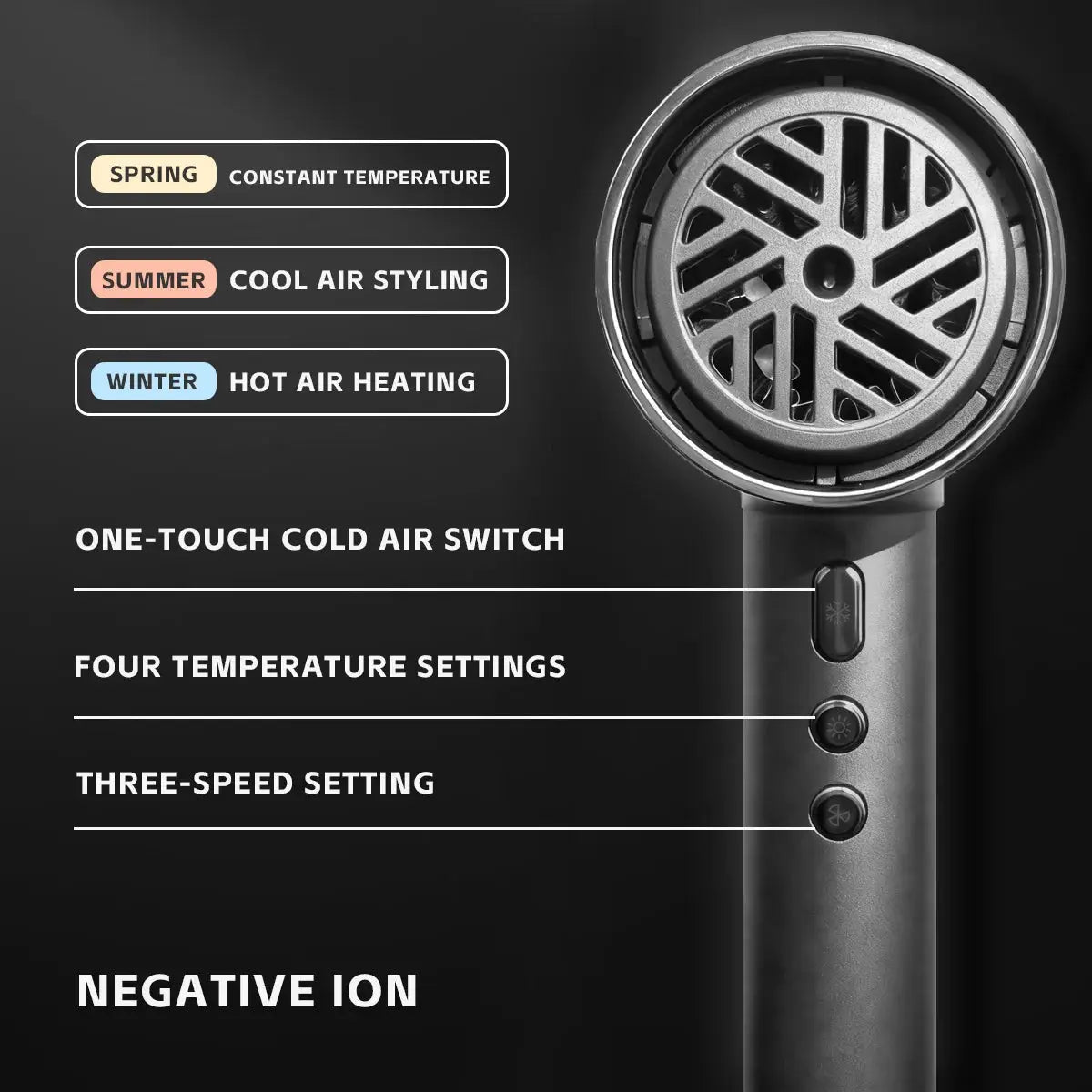 VGR hair dryer from Simples Market, black with control buttons and cold air switch; four temperature 3-speed settings