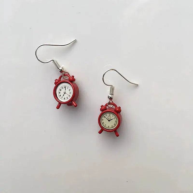 Red clock earrings with hook findings; vintage alarm-clock design, set of two.