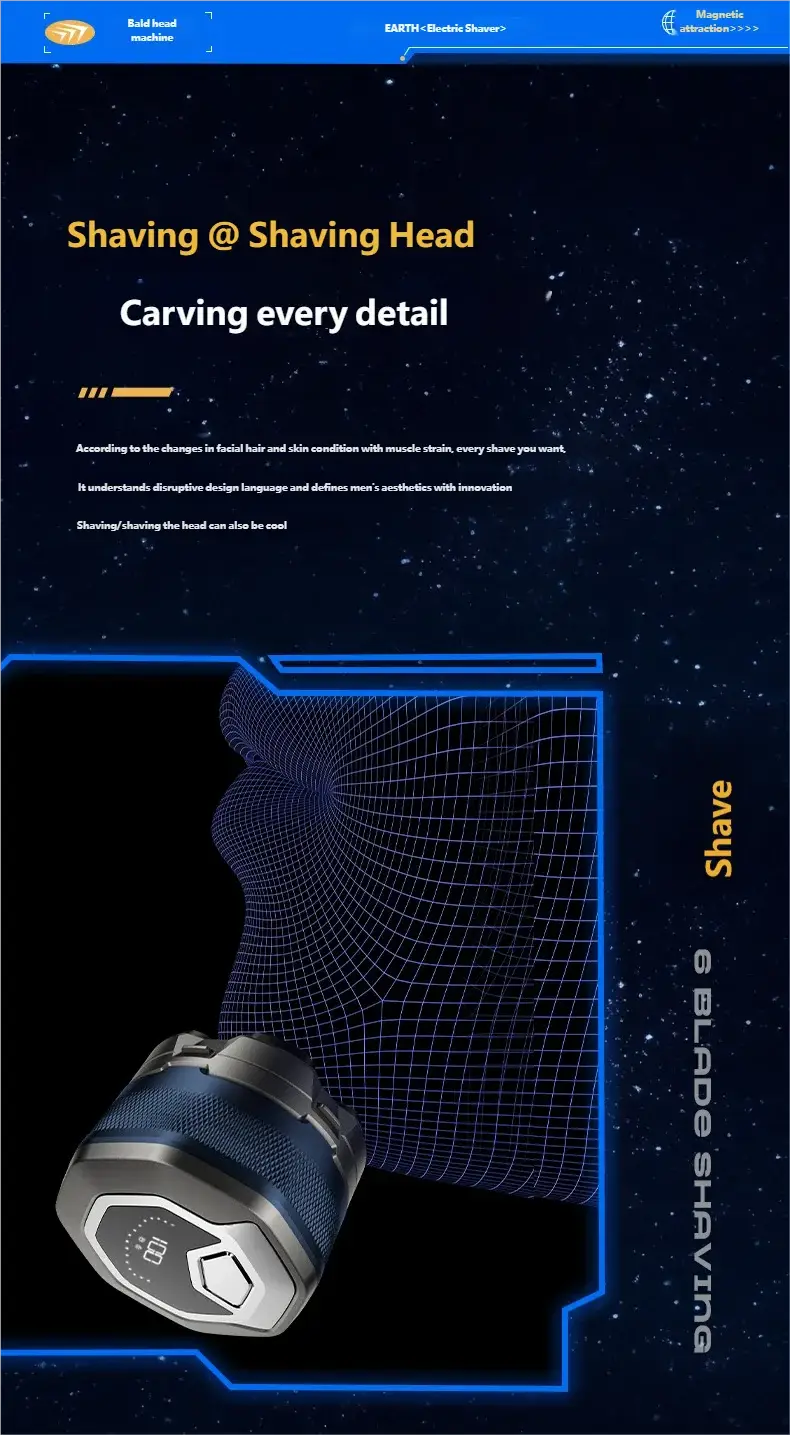 HOMEFISH electric head shaver by Simples Market, blue-gray, rechargeable 6D magnetic waterproof razor