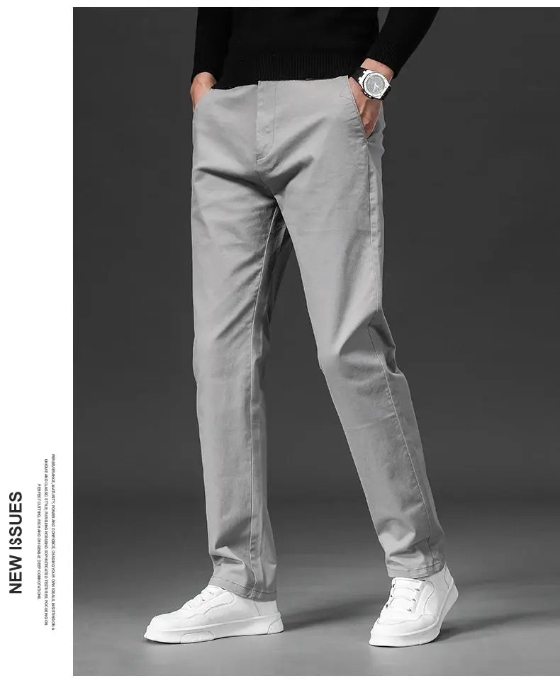 Men's cotton-stretch chinos, straight-fit casual dress pants in khaki for work and everyday wear.