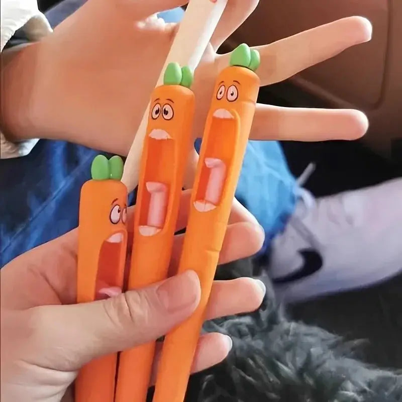 4-piece radish-shaped gel pen set in orange with green tops, black ink, by Simples Market