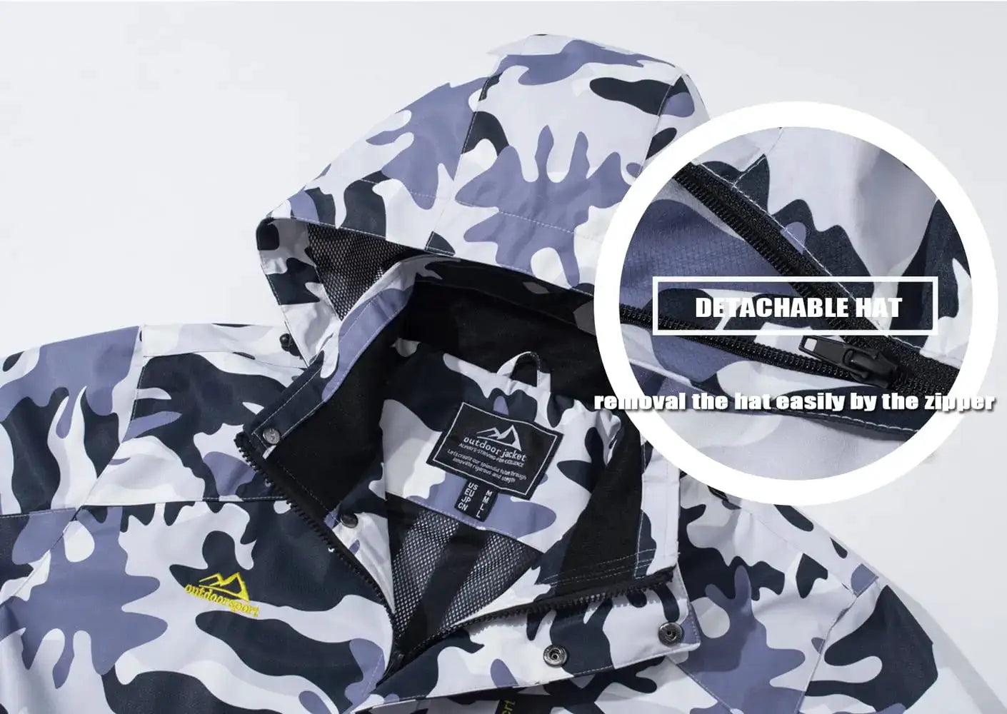 TACVASEN blue-gray camouflage waterproof rain jacket for men with mesh lining and detachable hat