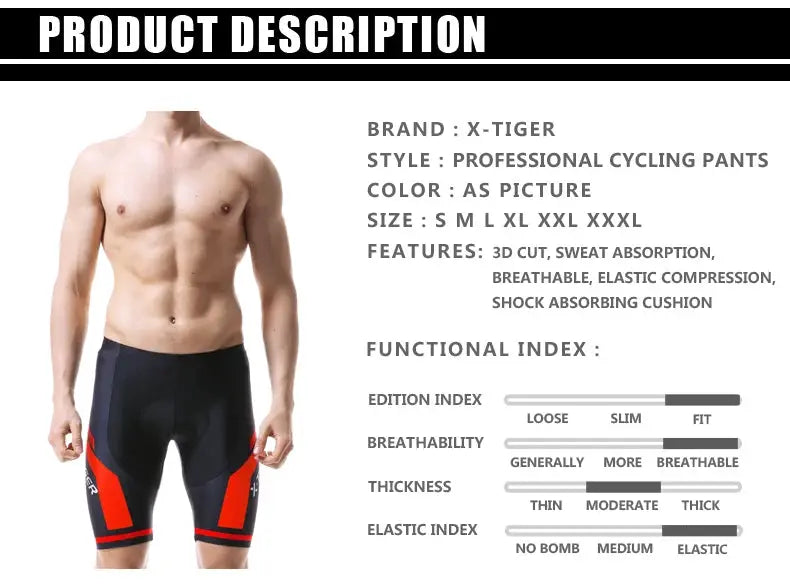 X-TIGER men's cycling shorts in black with red panels, featuring gel pad and anti-slip leg grips