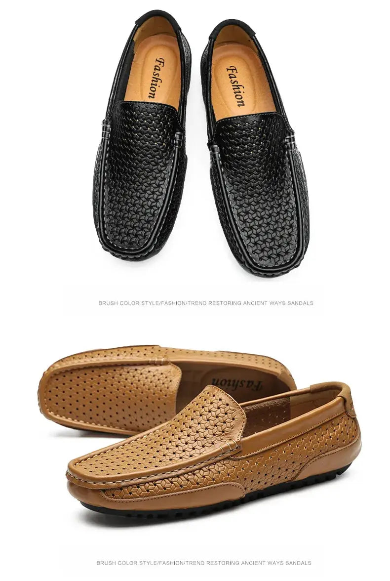 Men's loafers in black and tan woven leather; slip-on moccasin-style driving shoes, 2 pairs shown.