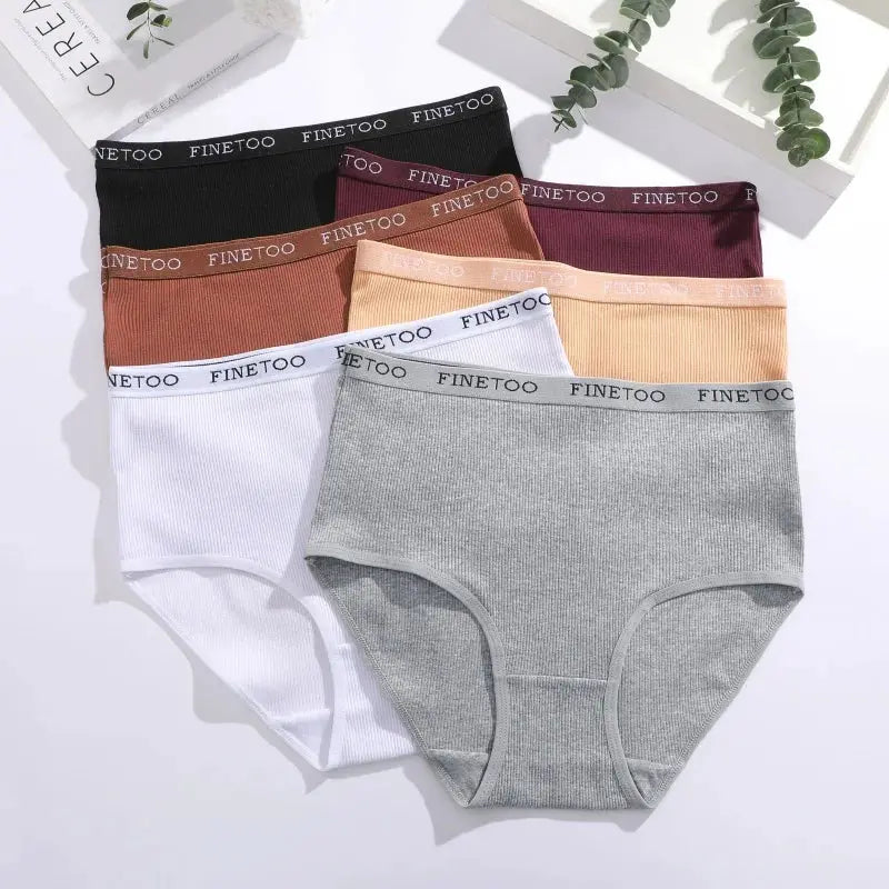 Six women's seamless cotton briefs with FINETOO waistband in black, burgundy, tan, white, peach, and gray