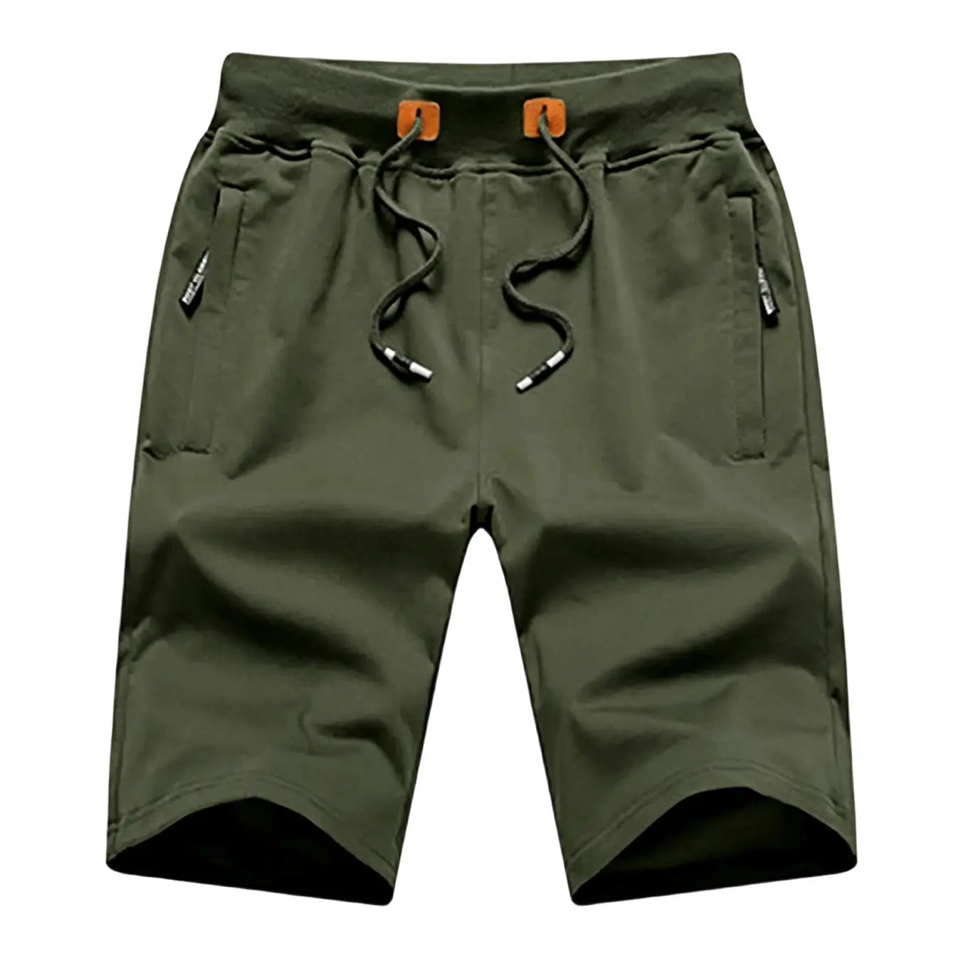 Men's olive green cotton cargo shorts with drawstring waist and zip pockets