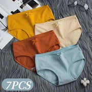 7-piece set of women's cotton ribbed mid-rise panties with bow detail in multicolor