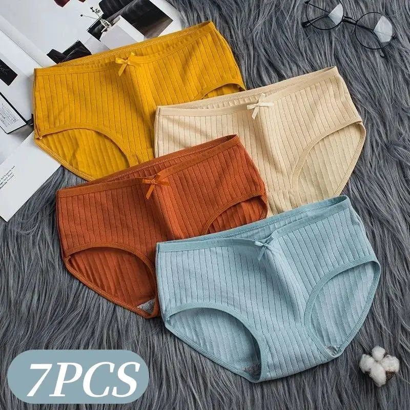 7-piece set of women's cotton ribbed mid-rise panties with bow detail in multicolor