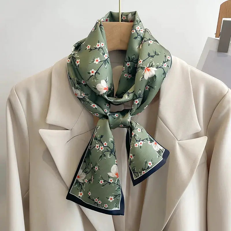 LuxeSilk Silk Feel Printed Design Scarf Versatile Long Narrow Silk Shawl For Fashionable Styles