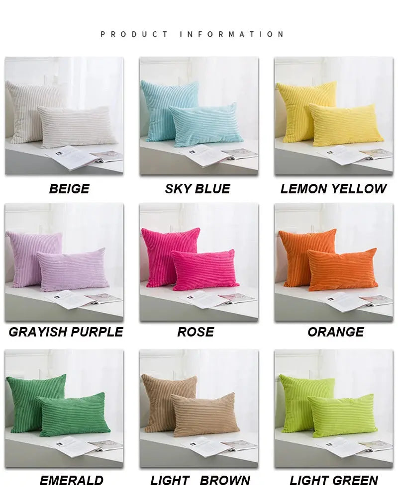 Corduroy striped cushion covers by Simples Market, 12 color options across various sizes.