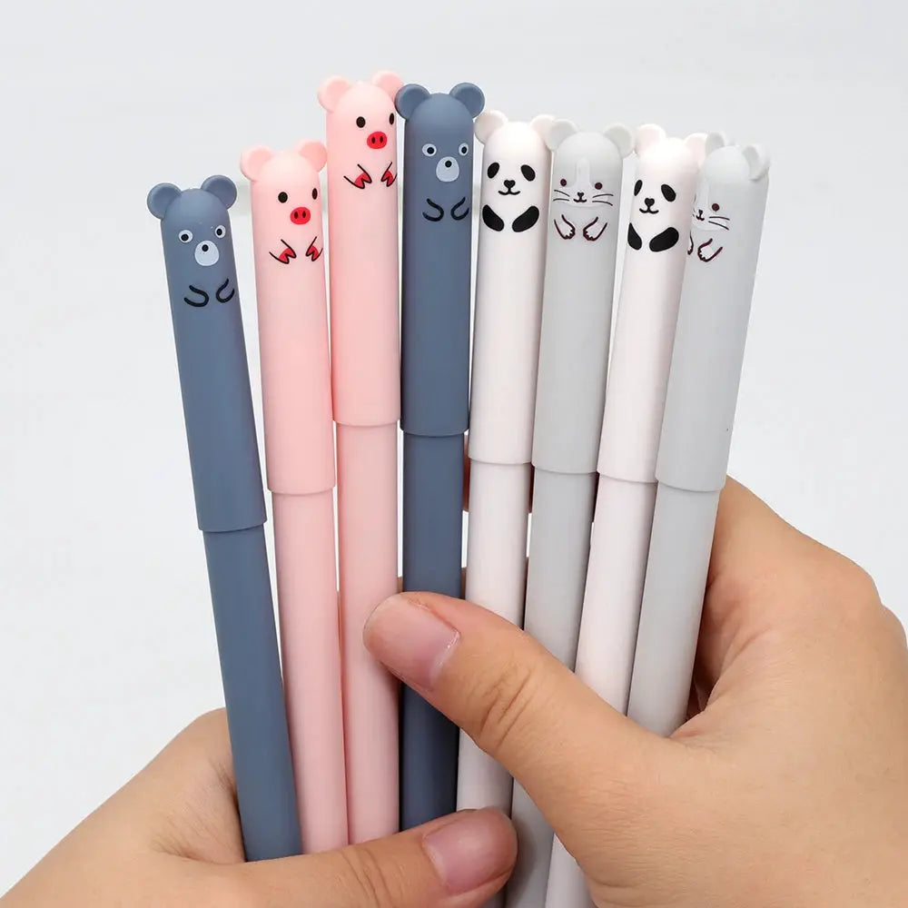 12-pack pastel-colored erasable gel pens with animal-topped caps (bear/panda), 0.5mm blue/black ink