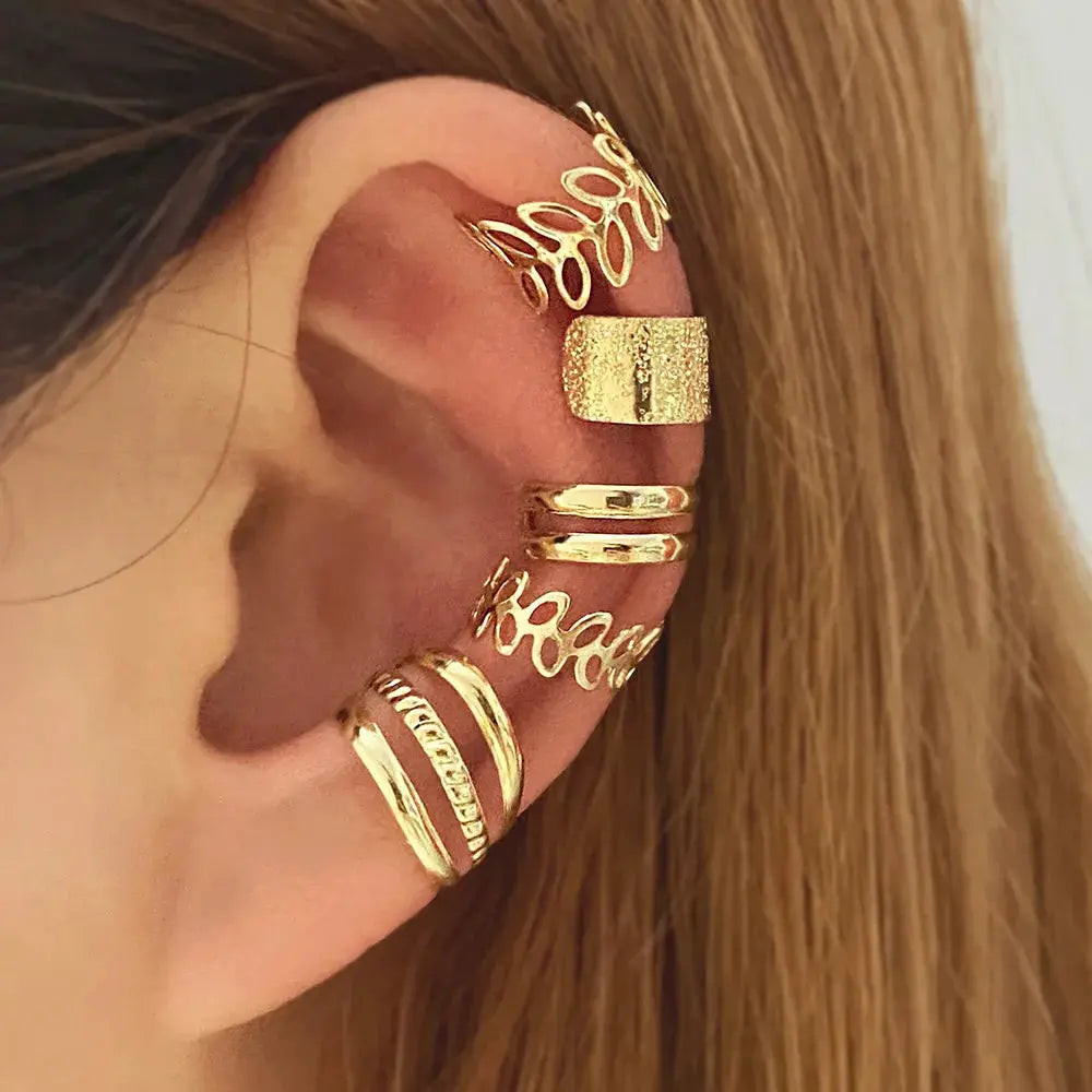 5 Piece Set Retro Leaf Geometric Ear Cuffs Non Piercing Ear Clips Unisex Boho Summer Jewelry