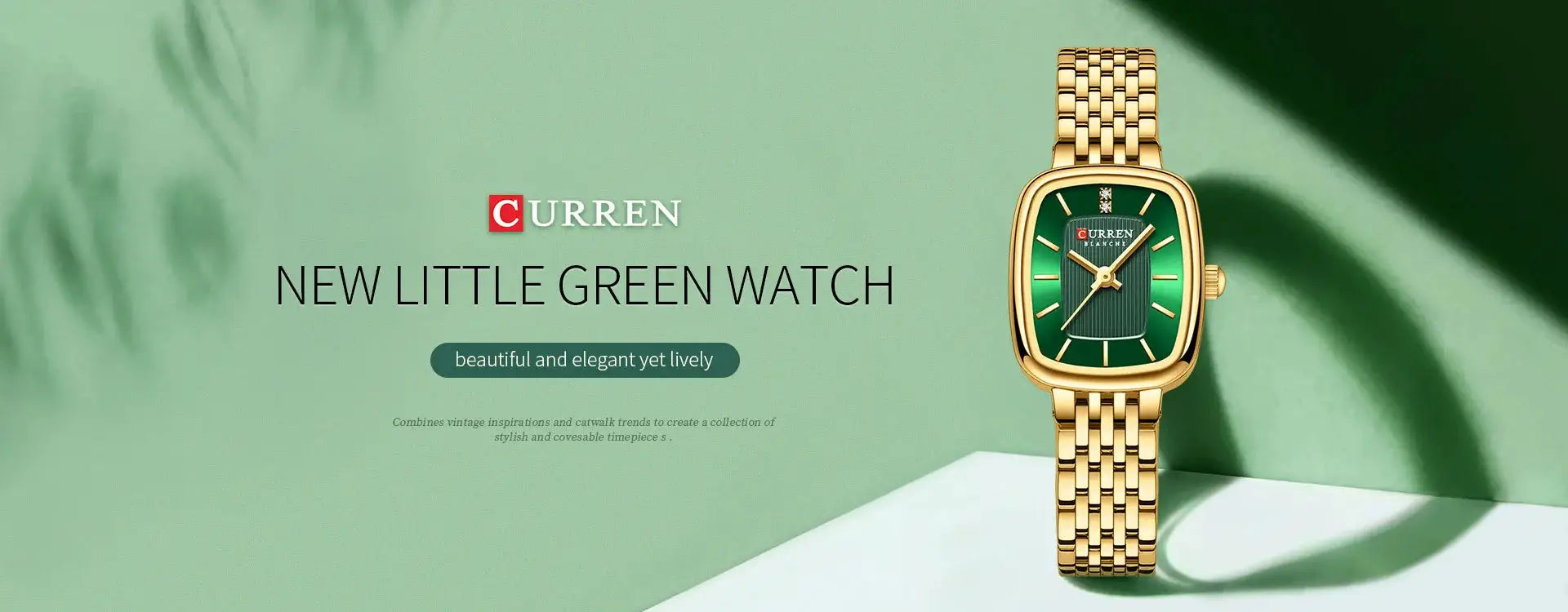 CURRN 9093 women's quartz watch with gold-tone stainless steel bracelet and green dial
