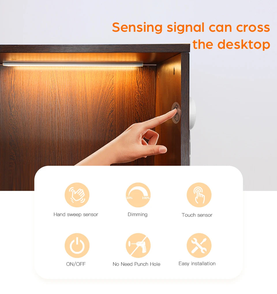 Under-cabinet LED bar light; linkable strip with touch sensor dimmable switch, Simples Market, wood cabinet interior