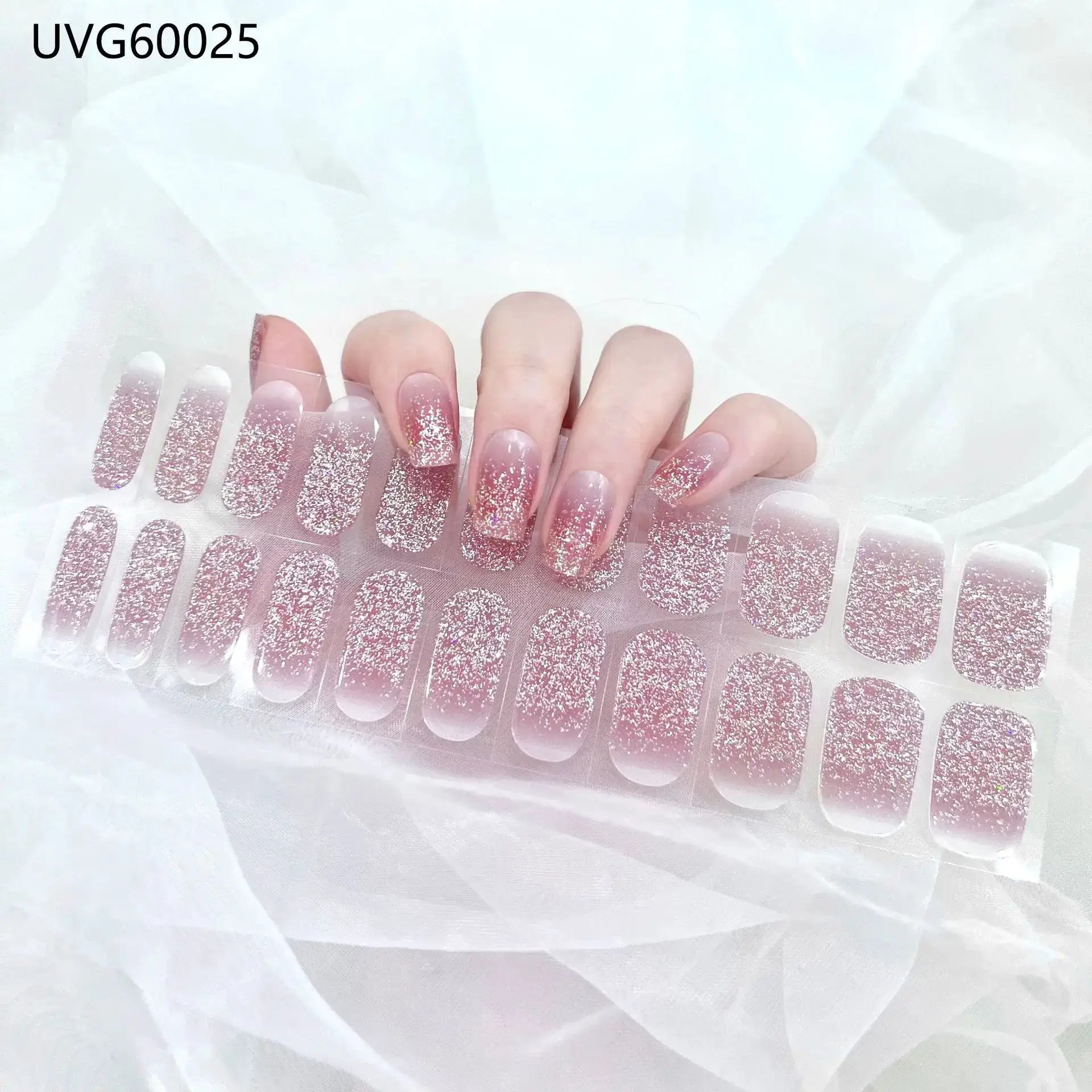 Gel nail wraps set, Simples Market UVG60025, pink glitter full-cover stickers for 16/20/22 tips