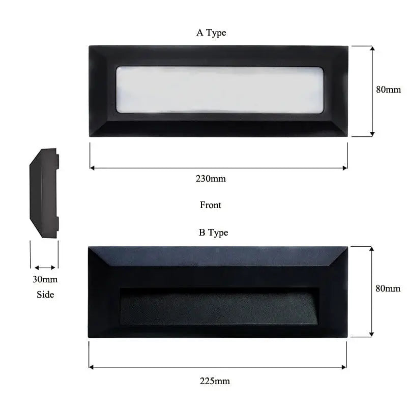 Simples Market surface-mounted LED stair step light, 6W waterproof alloy wall lamp; A Type and B Type variants.