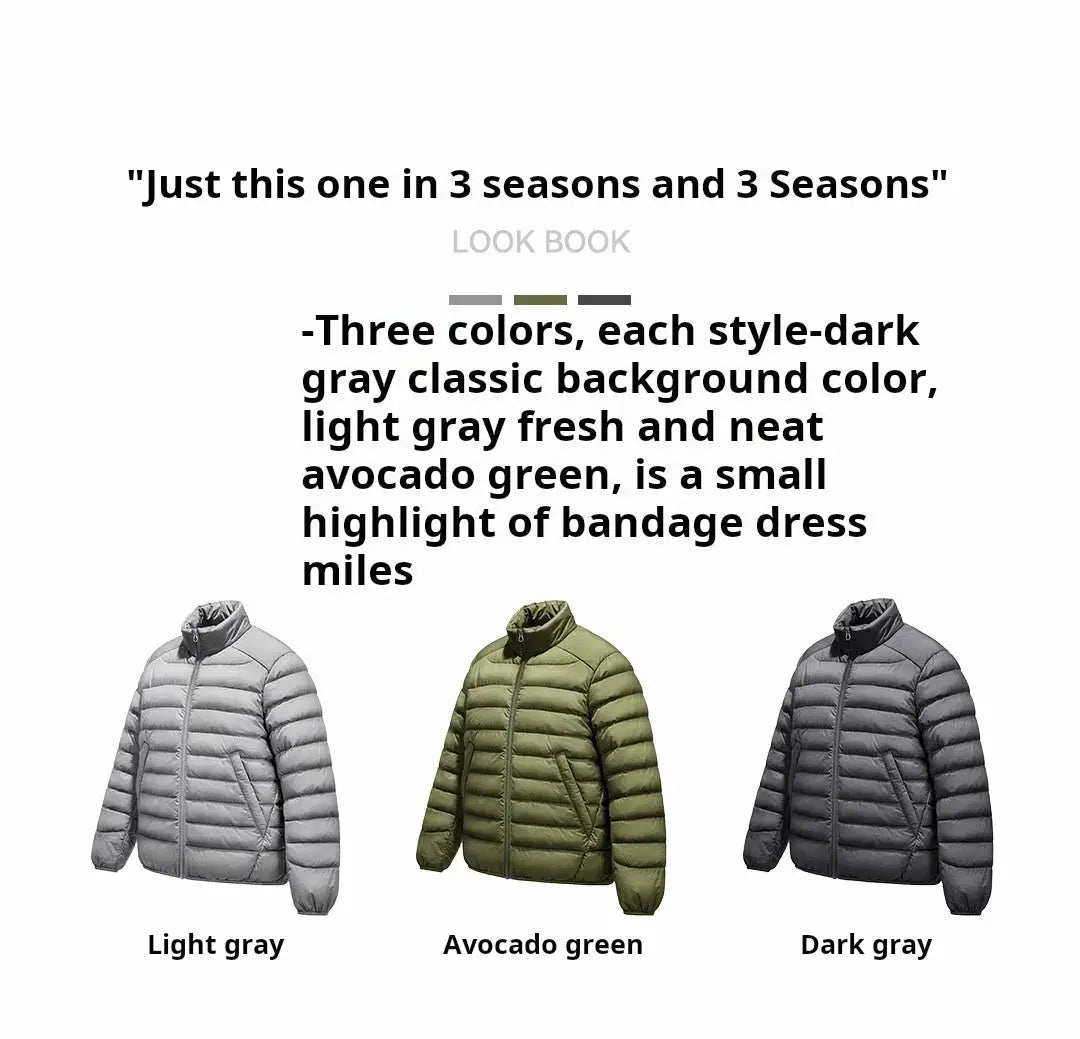 Maden Winter men's stand-up collar down jacket in light gray, avocado green, and dark gray