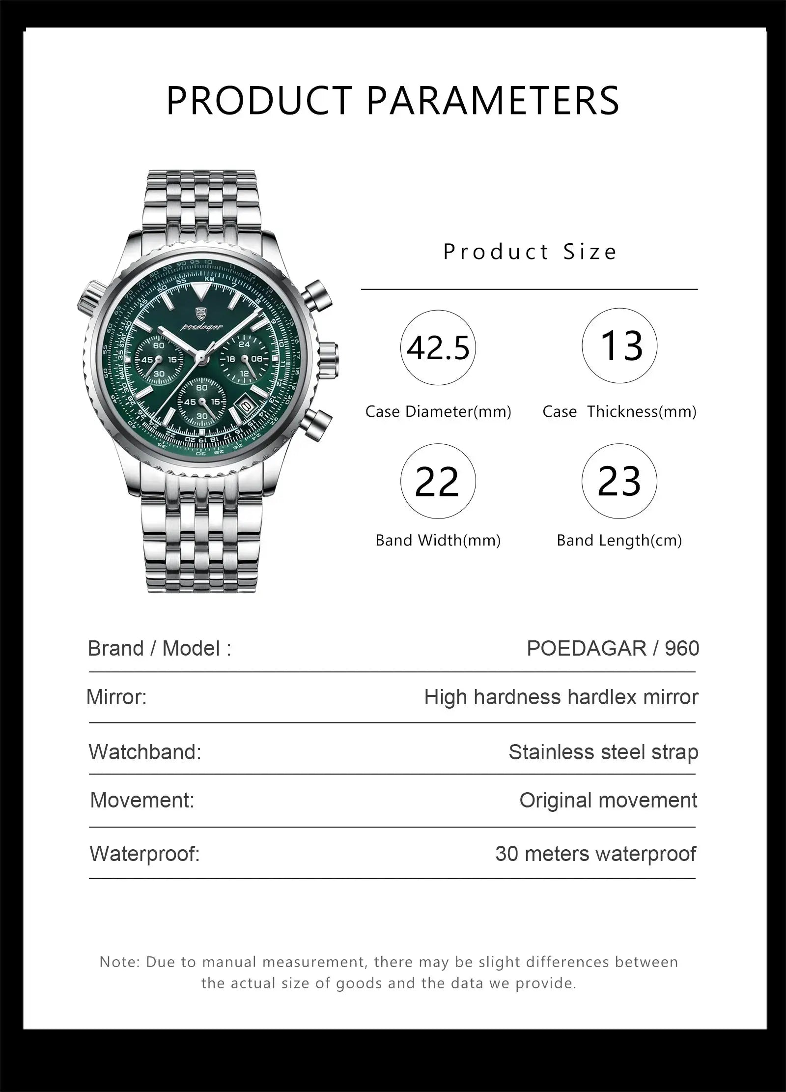 POEDAGAR men's stainless steel chronograph watch with green dial, date, luminous markers, waterproof 30m