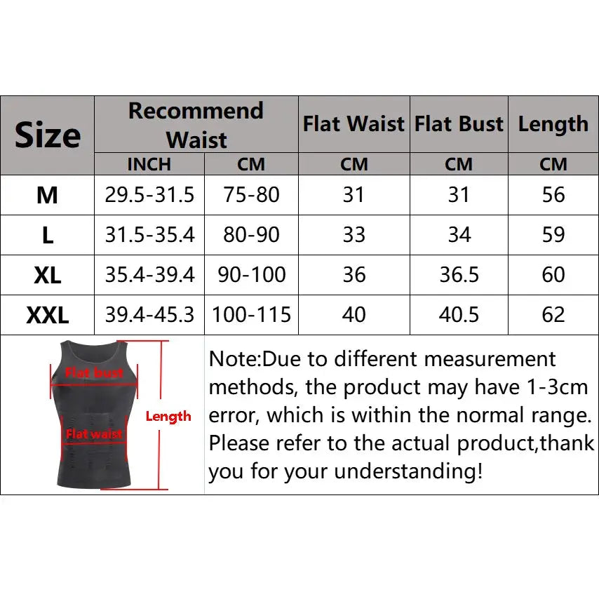 Simples Market men's dark gray compression sleeveless gym tank top shown with size chart and measurement diagram.