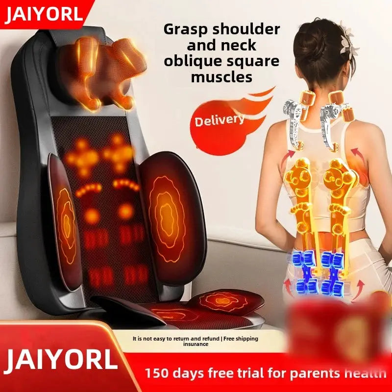 Full-body electric massage chair with orange kneading shiatsu cushions and neck-back-waist-legs massagers; JAIYORL logo visible
