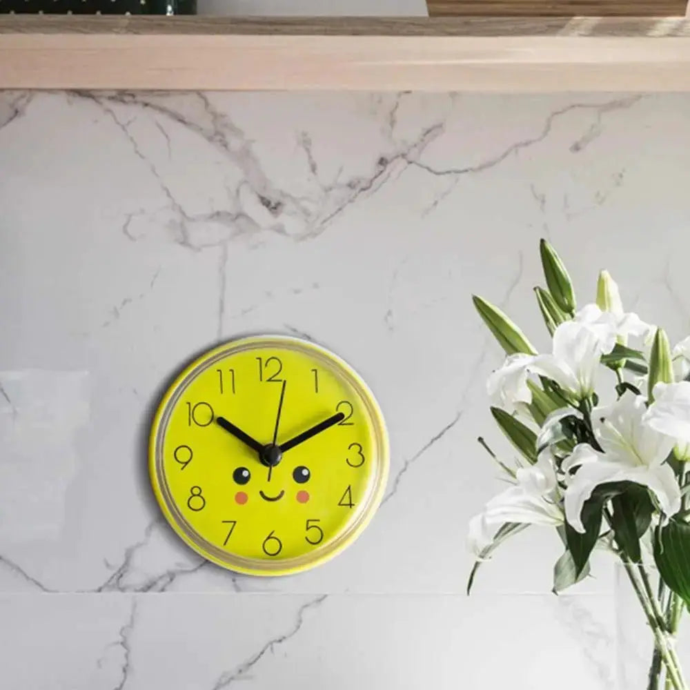 Mini Sucker wall clock, yellow face with a cute smiley, 7cm quartz bathroom clock.