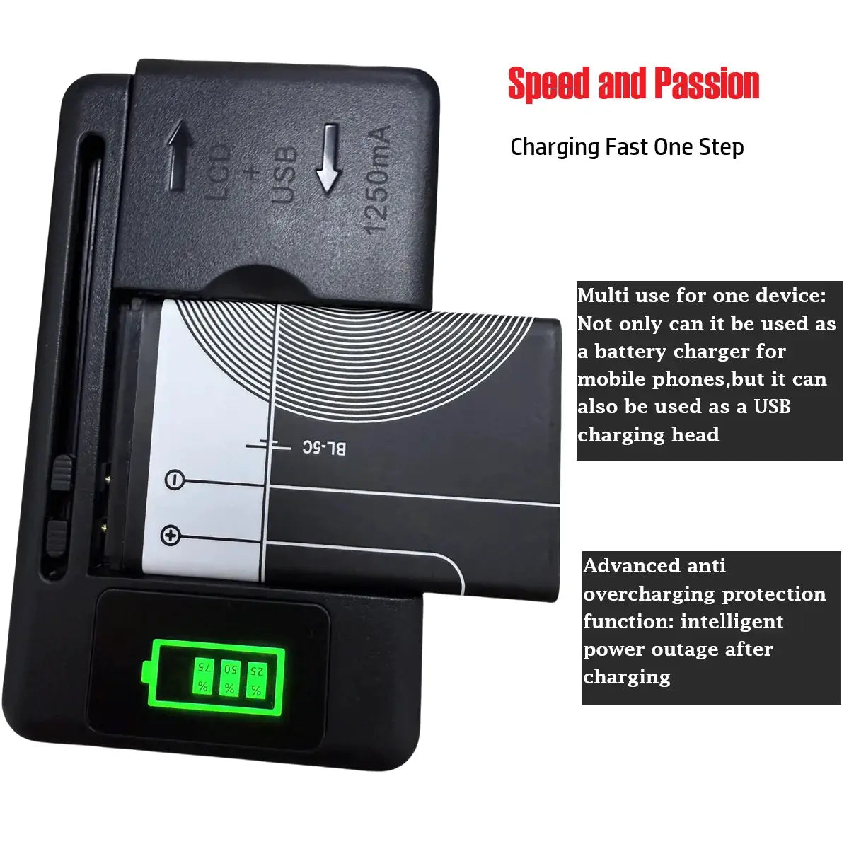 Universal USB Battery Charger With LCD Indicator For Li Ion Cells 32 To 55 Millimeters Width US UK EU Plug