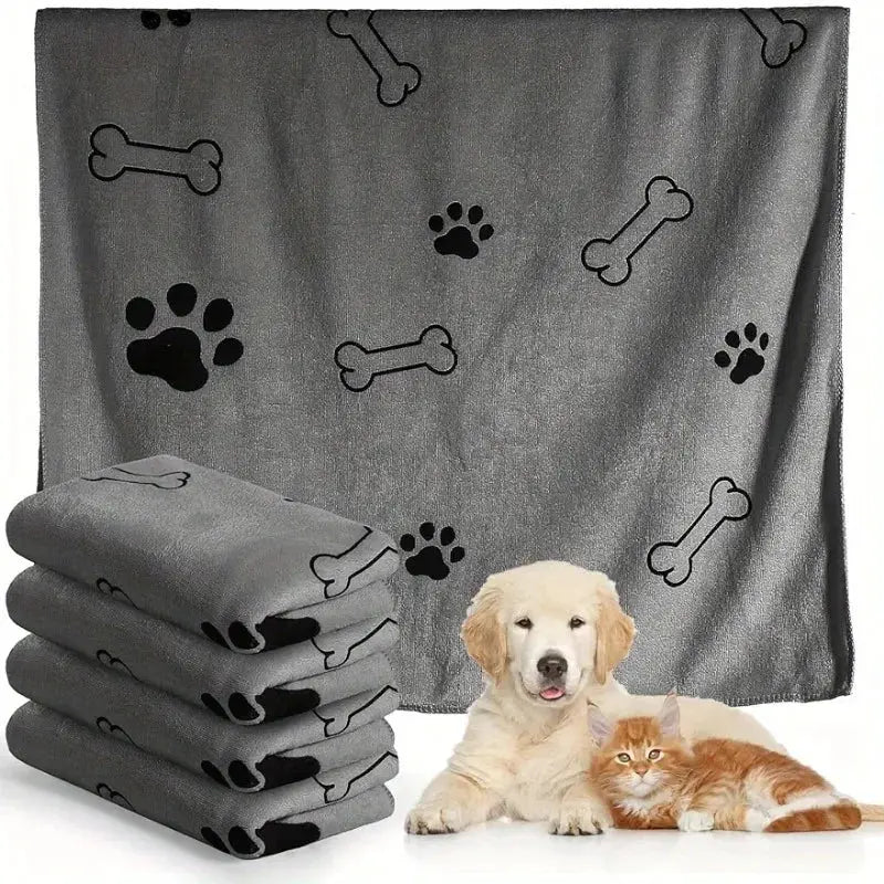 Simples Market gray microfiber pet towel set with bone and paw prints; quick-drying bath towels for medium dogs (4-pack).