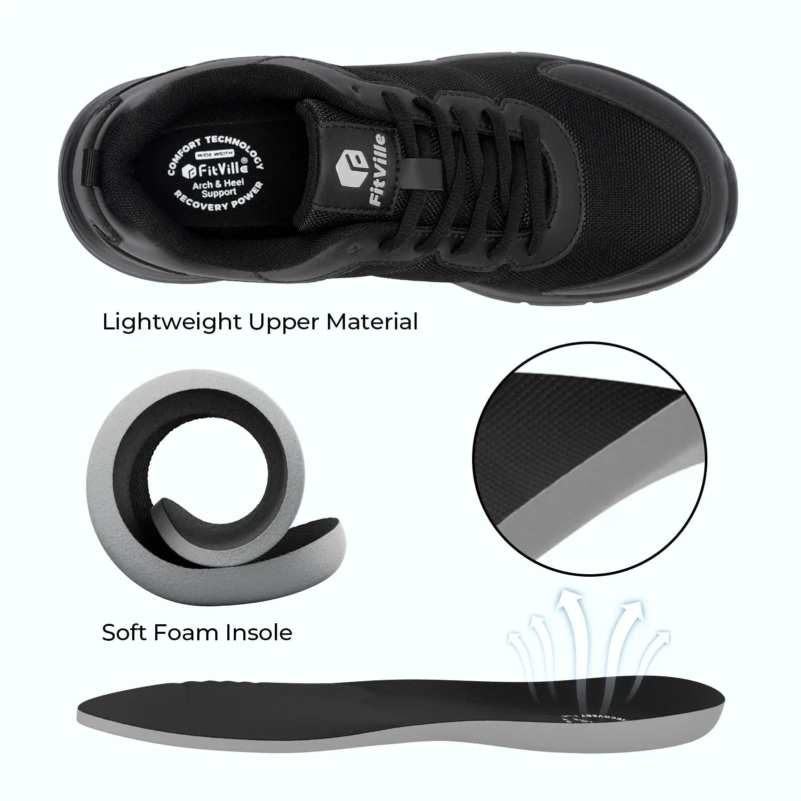 FitVille men's walking shoes, black, wide width, lightweight with max cushioning