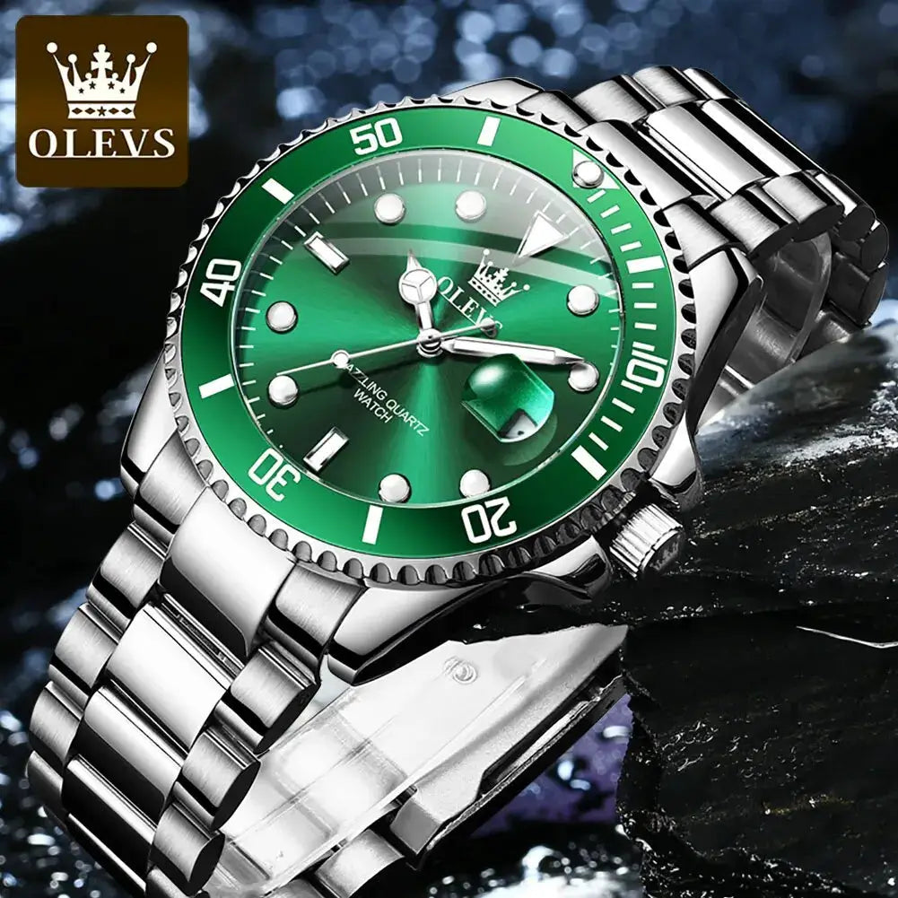 OLEVS Top Original Men Quartz Watch With Stainless Steel Band Green Dial Luminous Hands Water Resistant Luxury Timepiece